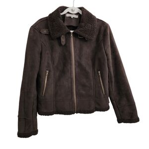Gerard Darel Jacket Medium Brown Faux‎ Leather Fur Lined Full Zip Pocket Size 42